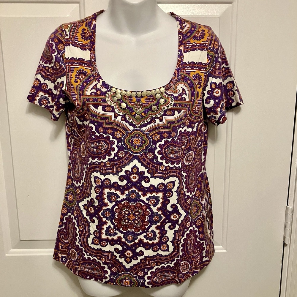 Robert Graham Women's Size Medium Paisley Purple Gold Beaded Cotton T-Shirt